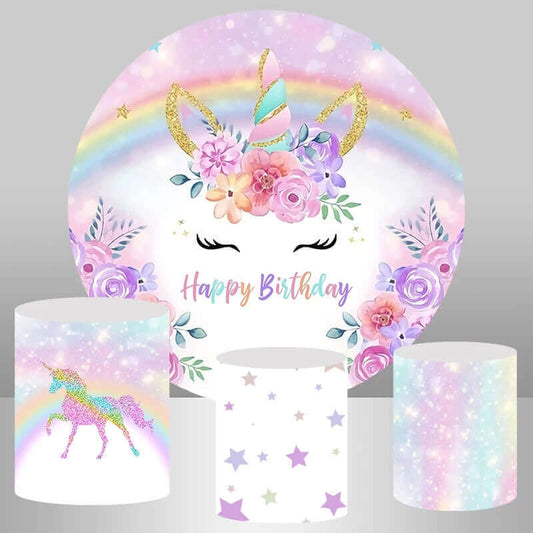 Rainbow Unicorn Round Backdrop Cover For Baby Shower And Kids Birthday Party