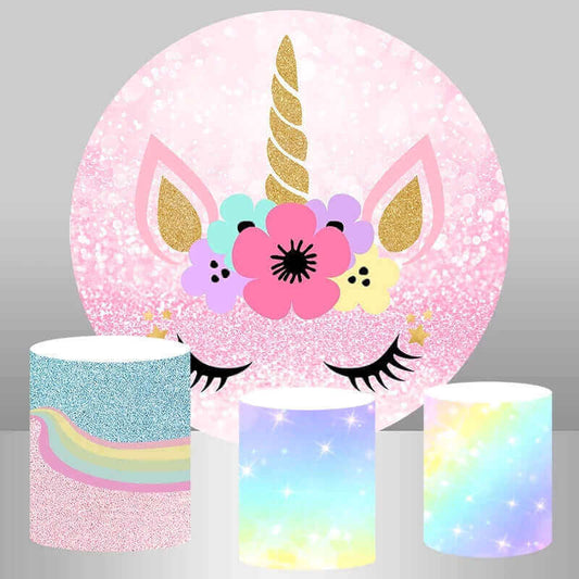 Festa sullo sfondo rotondo con unicorno arcobaleno per baby shower, compleanno per bambini