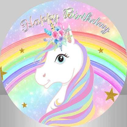 Rainbow Unicorn Children Happy Birthday Baby Shower Round Backdrop Party