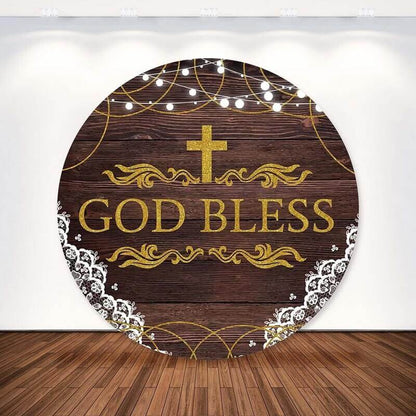 Retro Wood Lace God Bless Cross Kids Baptism Round Backdrop Cover