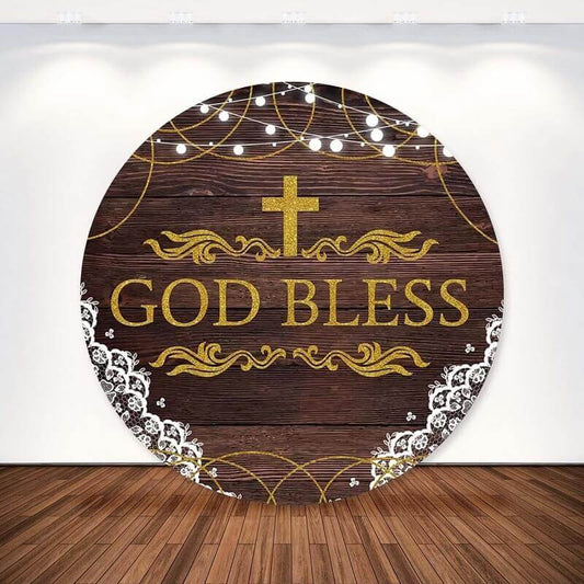 Retro Wood Lace God Bless Cross Kids Doop Ronde Achtergrond Cover