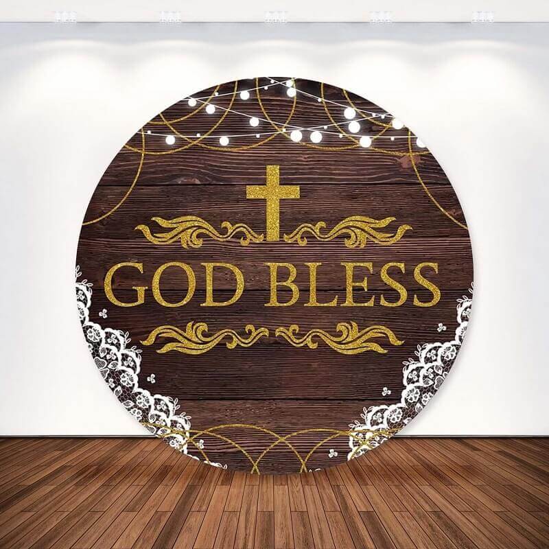 Retro Wood Lace God Bless Cross Kids Baptism Round Backdrop Cover Party