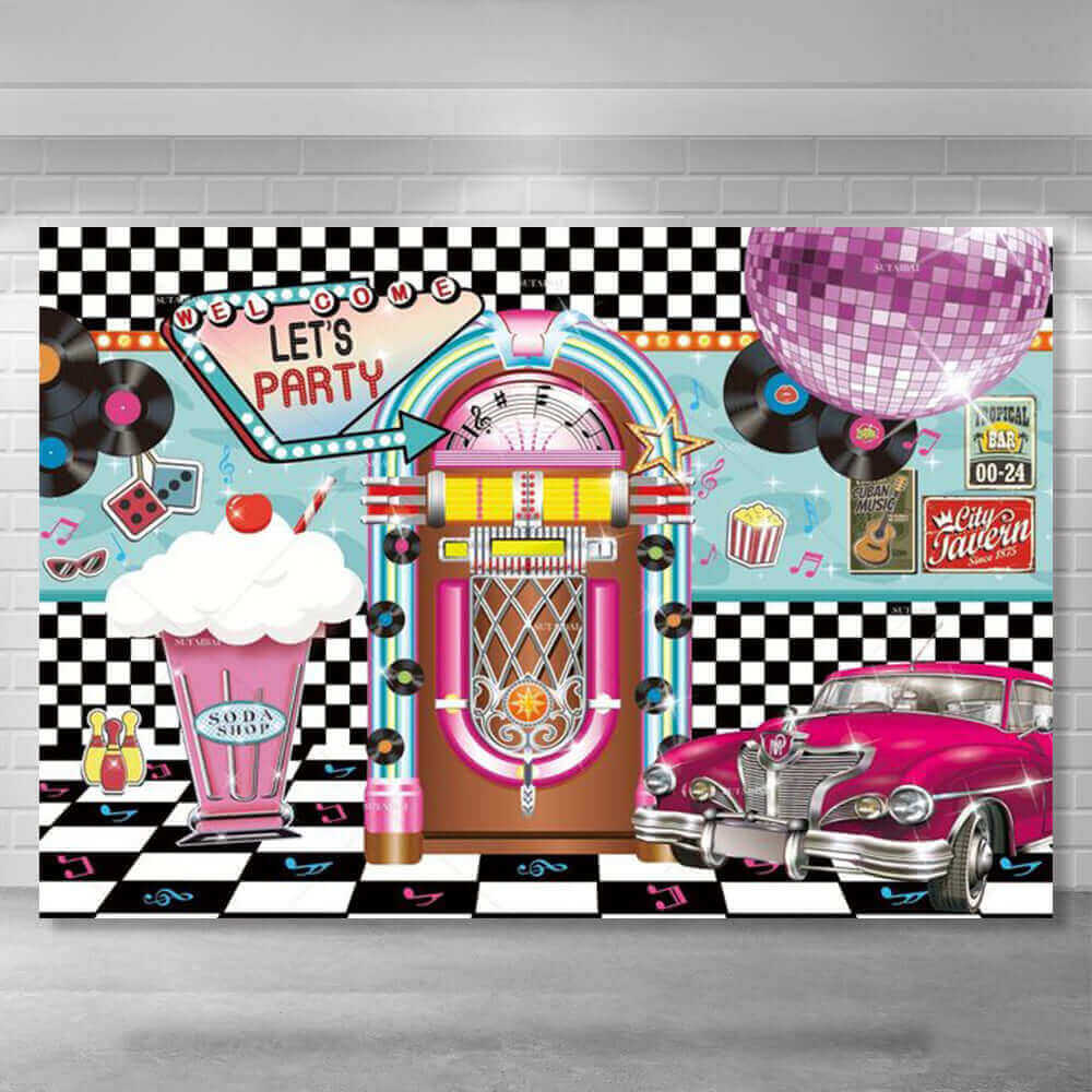 Rock Roll Lets Party 1950s Soda Shop Retro Classic Backdrop