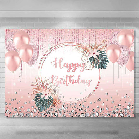 Rose Gold Happy Birthday Party Backdrop Pink Glitter Background Women Girl Balloons Sweet 16th 30th 40th 50th 60th Banner
