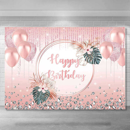 Rose Gold Happy Birthday Party Backdrop Pink Glitter Background Women Girl Balloons Sweet 16Th 30Th