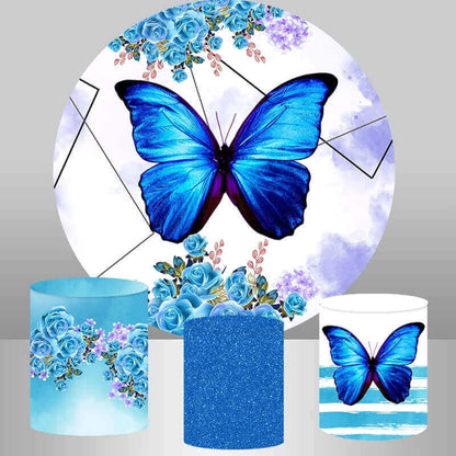 Toile de fond ronde et plinthes, fleurs bleu Royal, papillon, couverture de fête