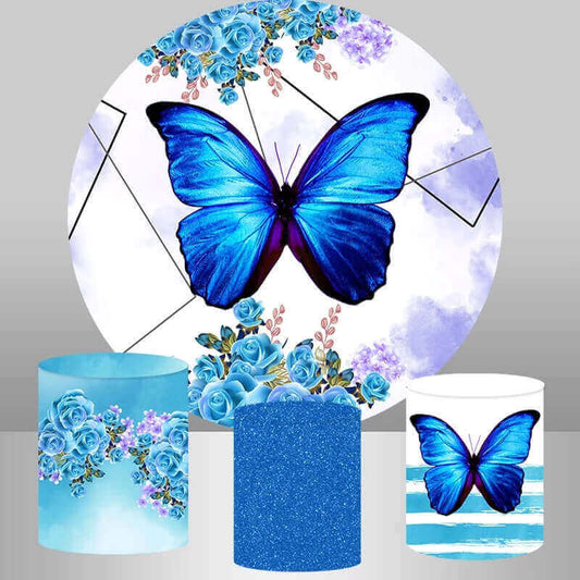 Kraljevsko plavo cvijeće, leptir, okrugla pozadina i podnožja pokriva zabavu
