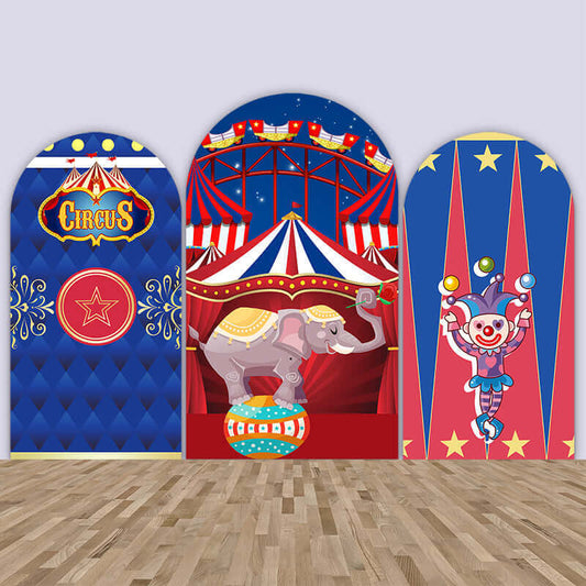 Bleu Royal rouge carnaval cirque anniversaire mur arqué Chiara toile de fond éléphant arc fond