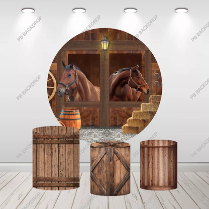 Rustic Stable Horse Round Backdrop Western Cowboy Party Decor