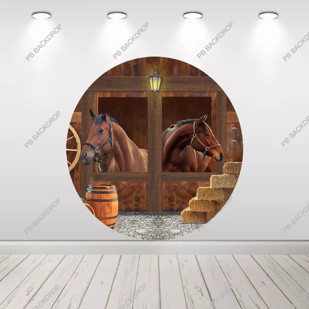 Rustic Stable Horse Round Backdrop Western Cowboy Party Decor