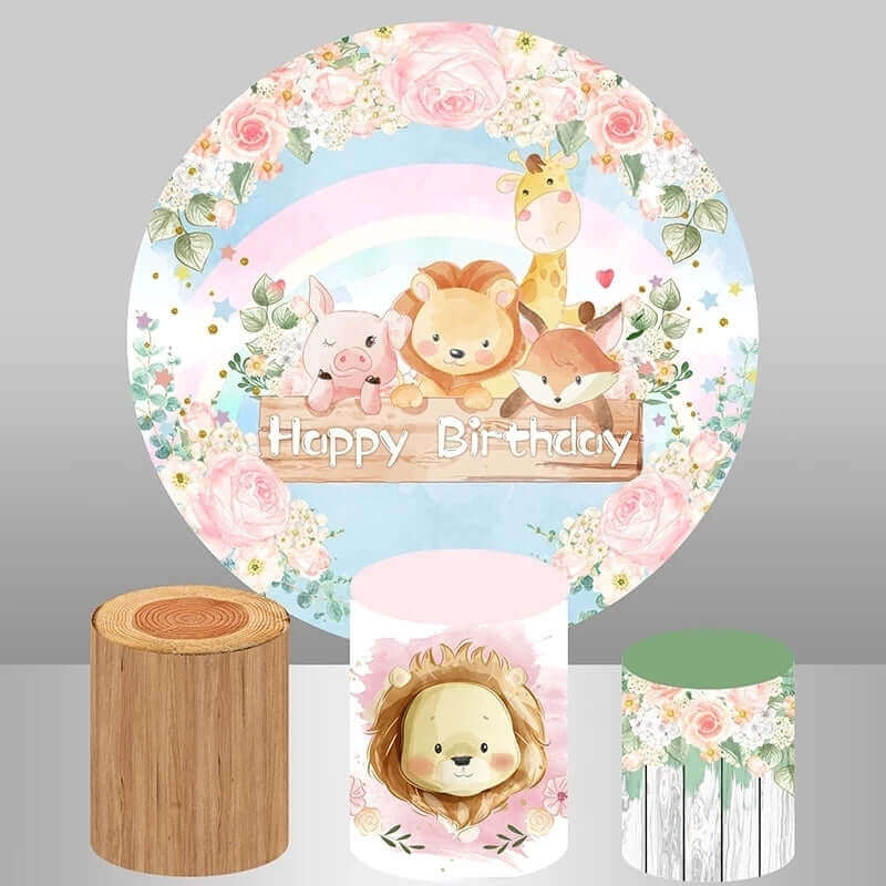 Safari Animals And Flowers Baby Shower Happy Birthday Round Backdrop Party