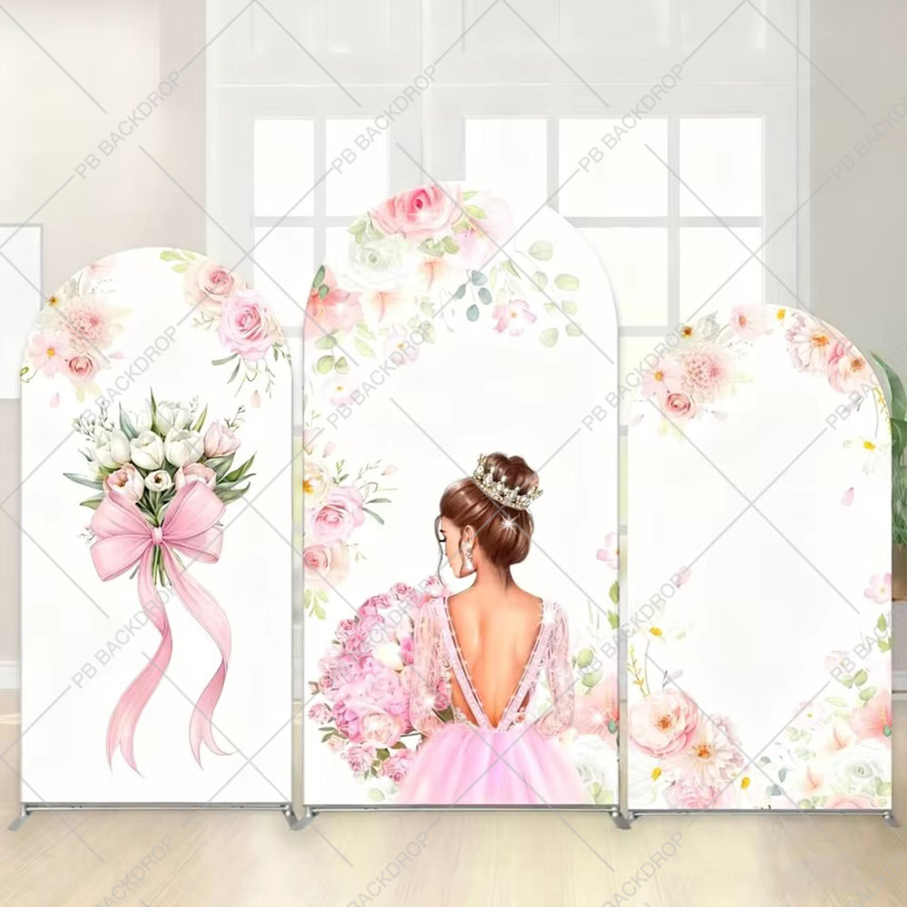 Quinceanera Princess Dress Floral Bow Girl Birthday Arch Backdrop