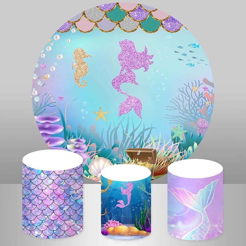 Girls Birthday Seabed Mermaid Princess Glitters Round Backdrop Party
