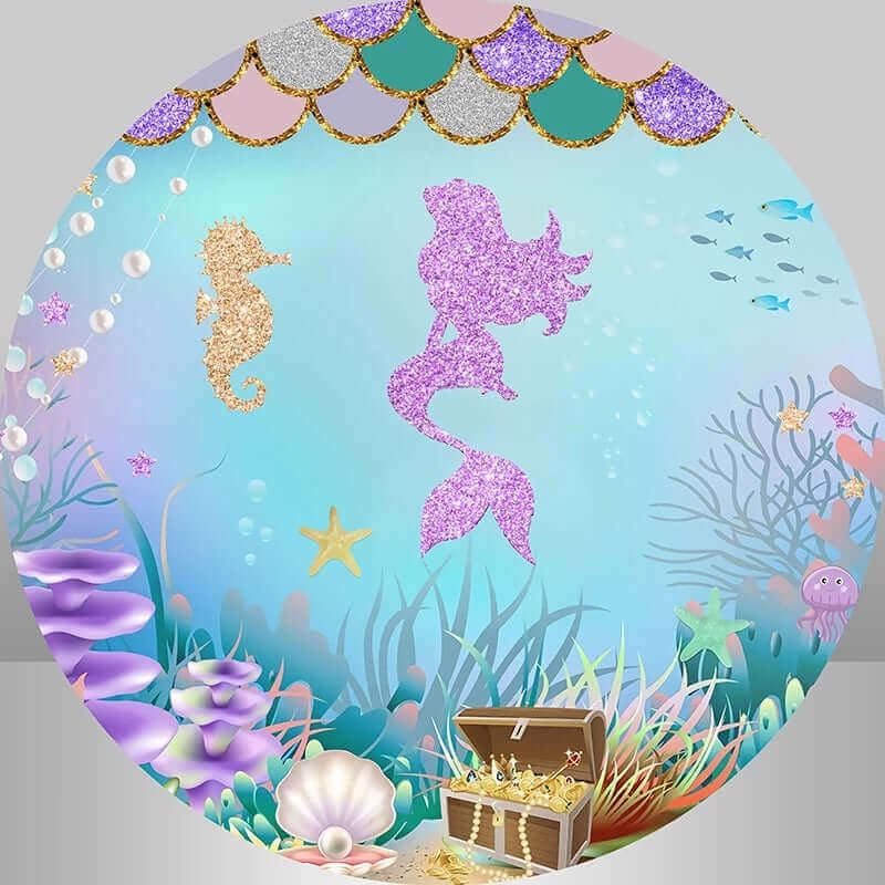 Rođendanska zabava s okruglom pozadinom, princeza sirena s morskog dna za djevojčice