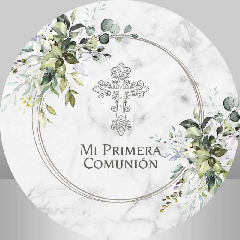 Srebrny krzyż z zielonymi liśćmi Mi Primera Comunion Baby Shower Tło imprezy