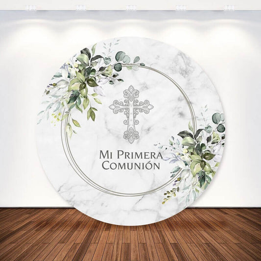 Silver Cross Green Leaves Mi Primera Comunion Baby Shower Background Party