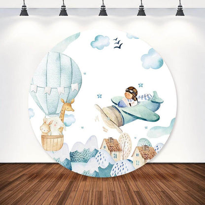 Sky Cloud Airplane Pilot Kids 1st Birthday Party Round Backdrop