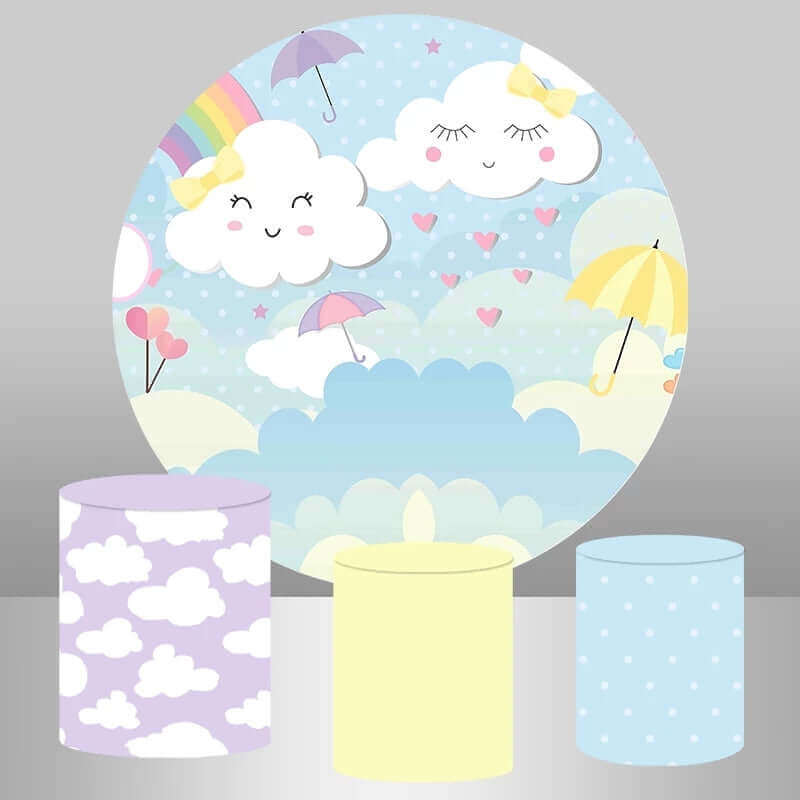 Sky Clouds and Rainbow Heart Balloons Birthday Party Round Backdrop