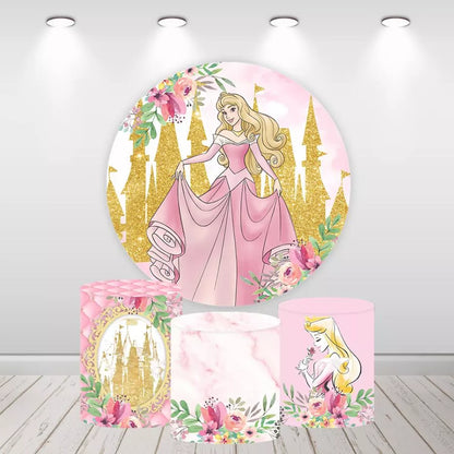 Sleeping Beauty Aurora Pink Floral Gold Glitter Castle Round Backdrop