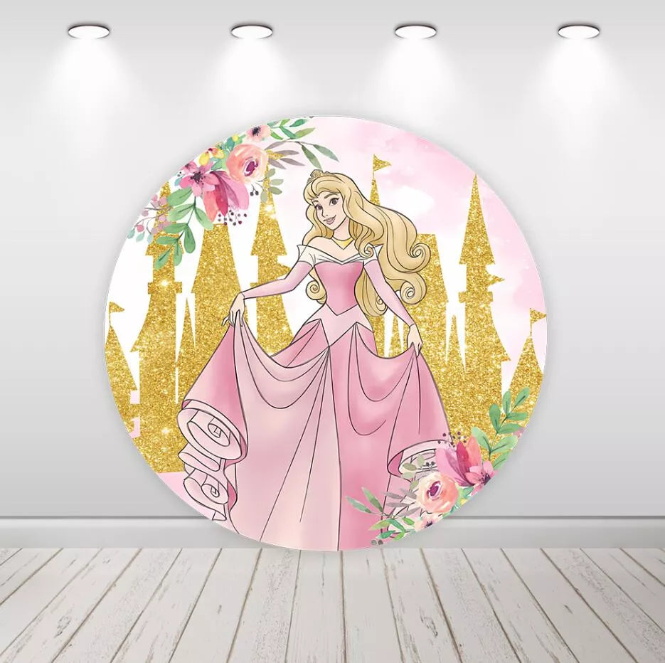 Sleeping Beauty Aurora Pink Floral Gold Glitter Castle Round Backdrop