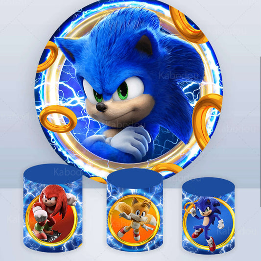 Sonic Round Blue Backdrop Boys Birthday Decoration Baby Shower Cylinder Cover