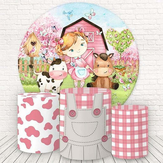 Proljetne životinje s farme, ružičasta štala, dekoracija dječje rođendanske proslave, okrugla kružna pozadina