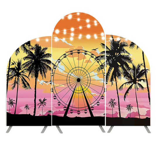 Copertina dello sfondo dell'arco della ruota panoramica estiva, palma tropicale, festa musicale al mare, supporto per Chiara