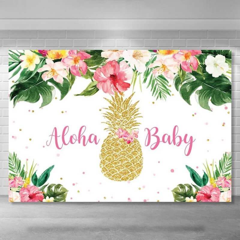 Summer Tropical Flowers Gold Pineapple Aloha Baby Shower Backdrop Party