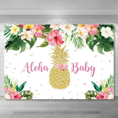Festa sullo sfondo dell'acquazzone di bambino di Aloha dell'ananas dell'oro dei fiori tropicali di estate