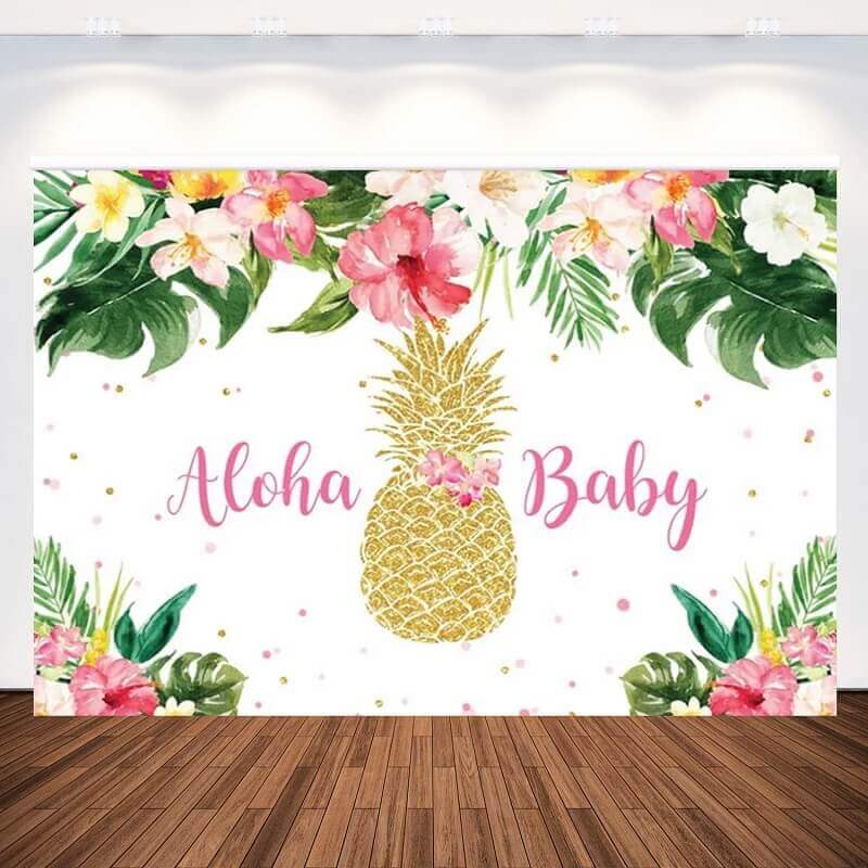 Summer Tropical Flowers Gold Pineapple Aloha Baby Shower Backdrop Party