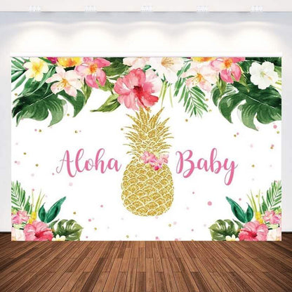 Flores tropicales de verano, piña dorada, Aloha, telón de fondo para fiesta de bienvenida al bebé