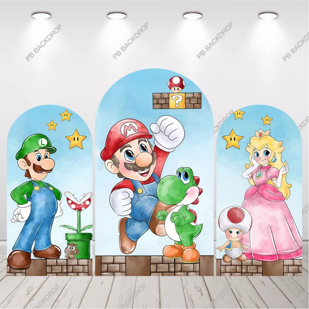 Super Mario -vesiväriarkkitausta lasten videopelisyntymäpäiväjuhlien koristelu