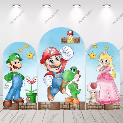 Super Mario -vesiväriarkkitausta lasten videopelisyntymäpäiväjuhlien koristelu