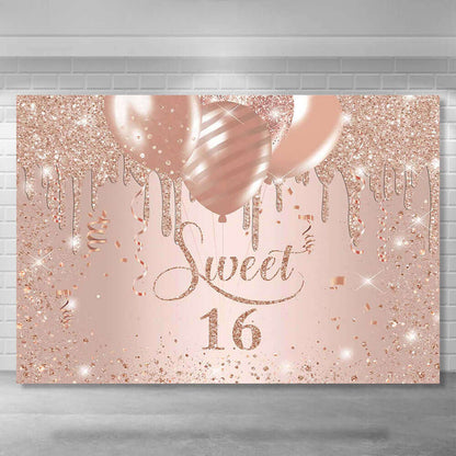 Sweet 16 Rose Gold Glitter Birthday Party Backdrop Photo Background Photo Studio Banners