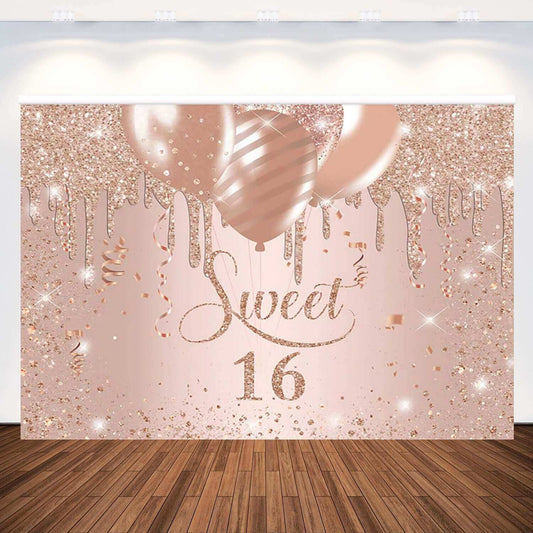Sweet 16 Rose Gold Glitter Birthday Party Backdrop Photo Background Photo Studio Banners