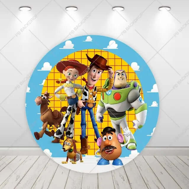 Toy Story – toile de fond ronde, fête d'anniversaire pour enfants, fête prénatale, fond circulaire