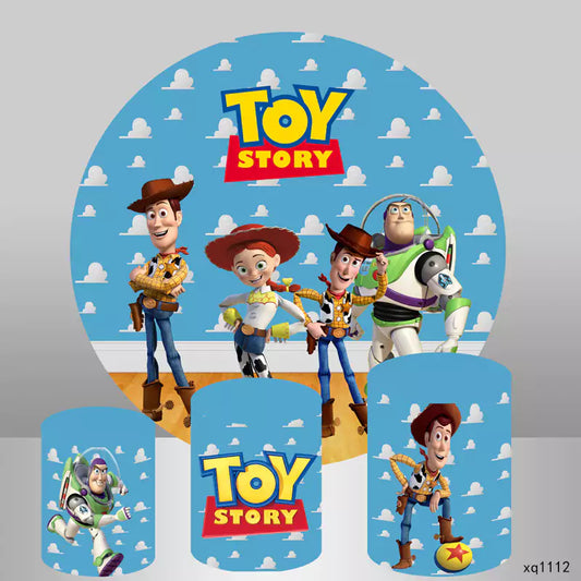 Sfondo rotondo blu a tema Toy Story e 3 coperchi per cilindri