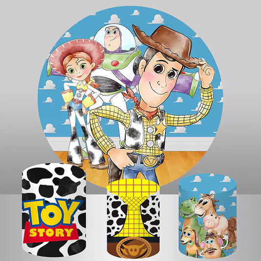 Fond de cercle rond Toy Story et 3 couvertures de socle