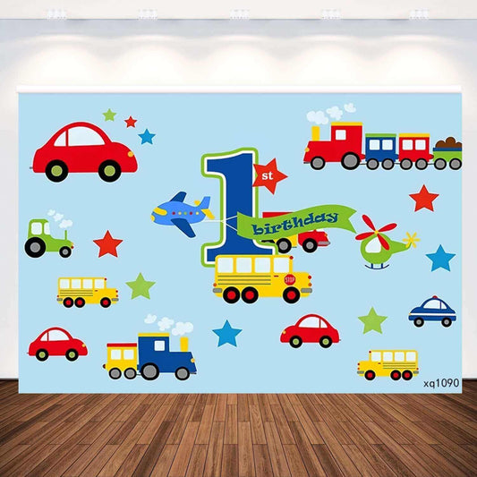 Arrière-plan de fête de 1er anniversaire pour garçon, thème de transport, voitures, arrière-plan de Studio Photo