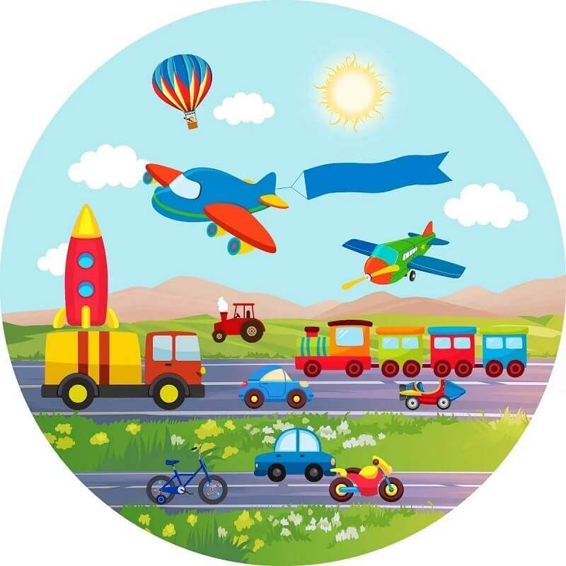 Ярък и цветен фон на тема транспорт с различни превозни средства за детски партита и фотосесии.