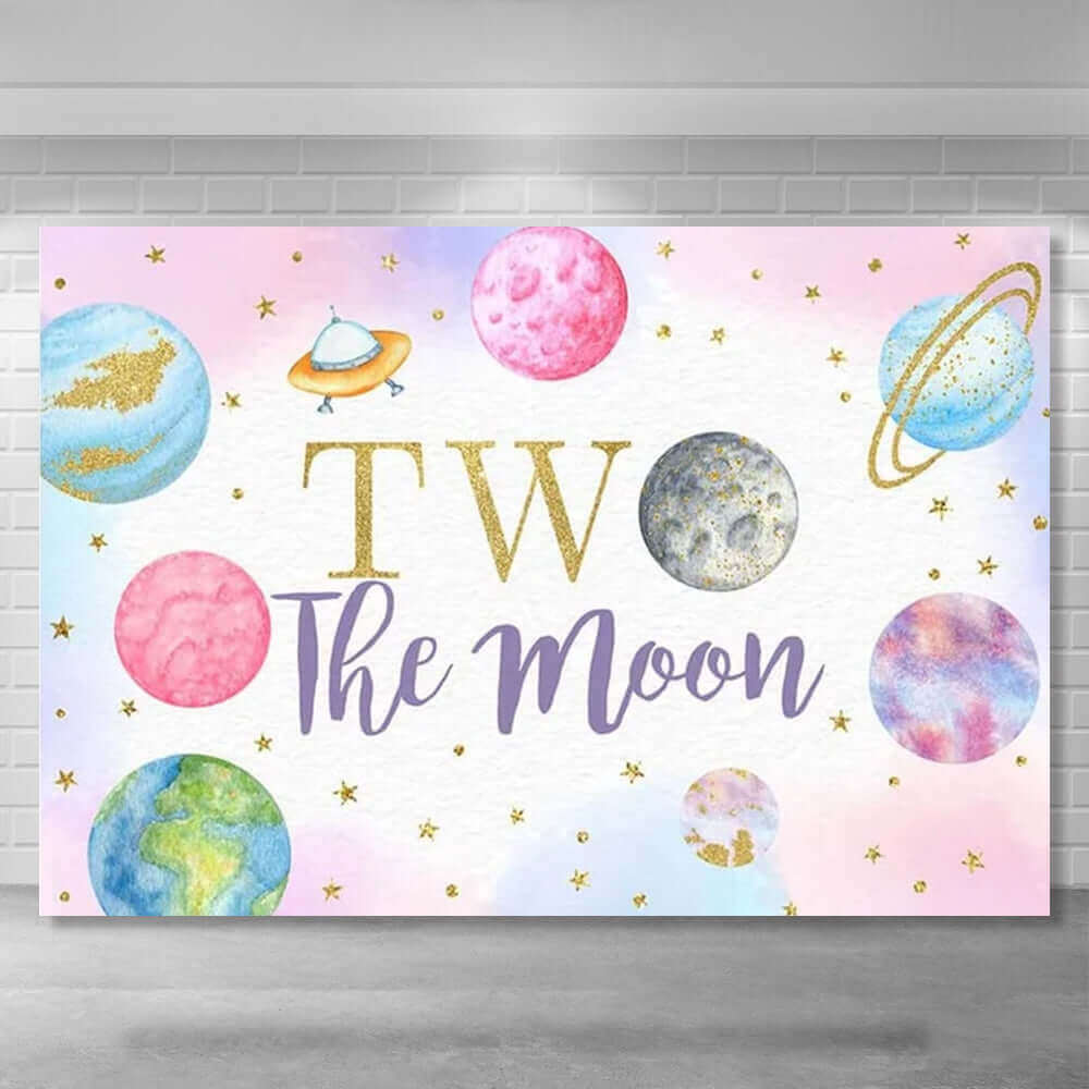 Two The Moon Universe Backdrop Outer Space 2Nd Birthday Party Photography Background Rocket