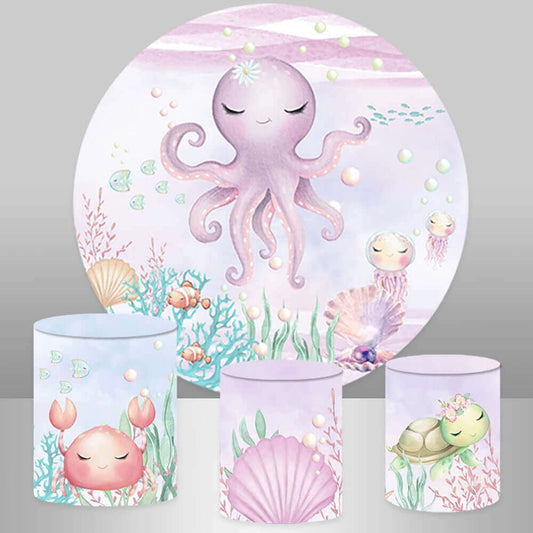 Undersea Octopus Scales Turtle Corals Girl Baby Shower Round Backdrop Party