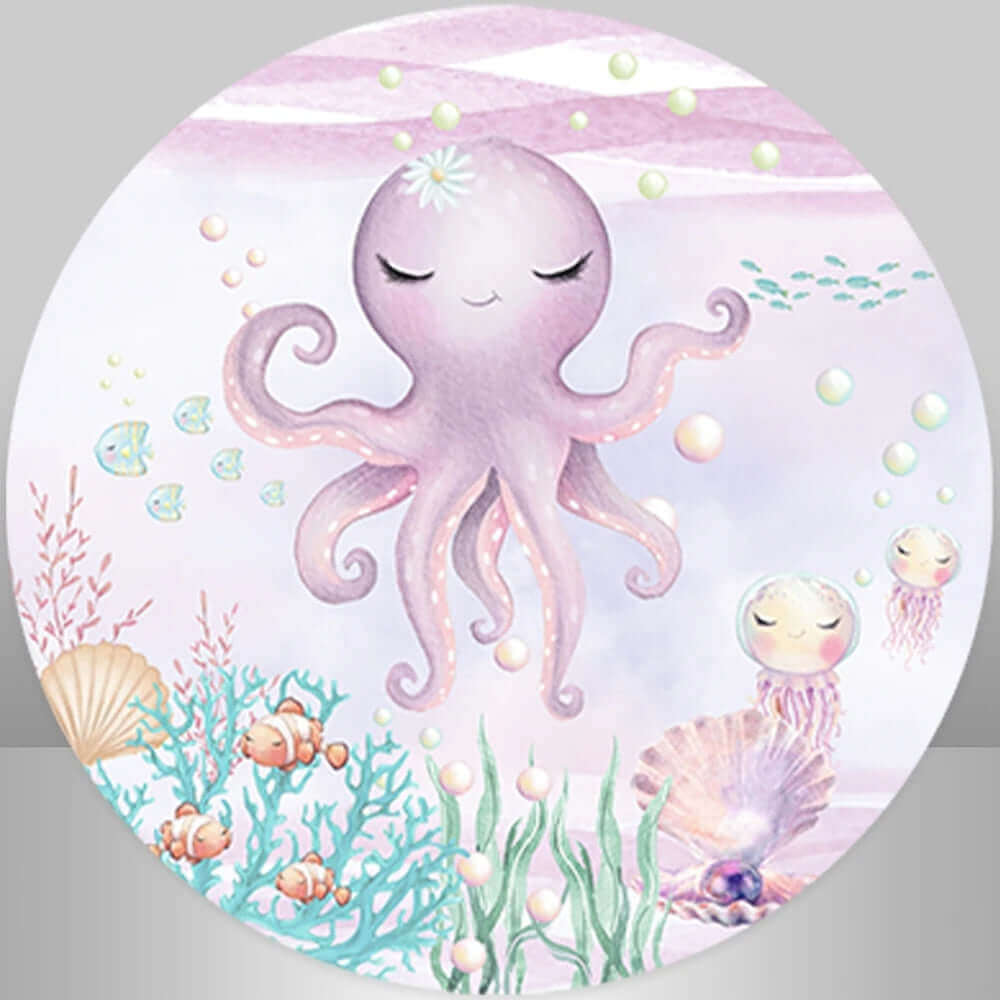 Undersea Octopus Scales Turtle Corals Girl Baby Shower Round Backdrop Party