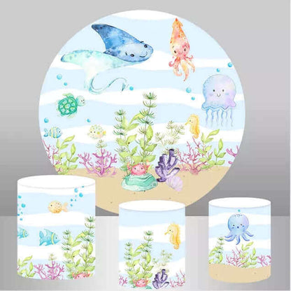 Undersea World Girls Birthday Party Round Backdrop and Plinth Covers