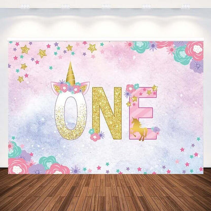 Unicorn 1st Birthday Backdrop for Girls Gold Floral Newborwn Baby Shower Photography Background Studio Banners Party Decor