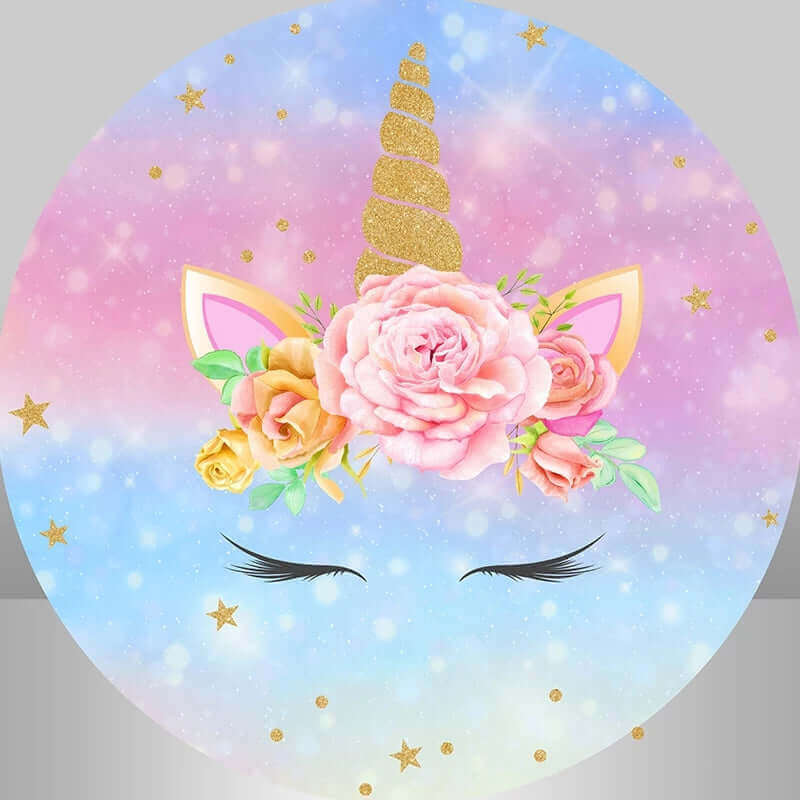 Sfondo rotondo per festa di compleanno con glitter arcobaleno e fiore rosa unicorno