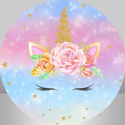 Sfondo rotondo per festa di compleanno con glitter arcobaleno e fiore rosa unicorno