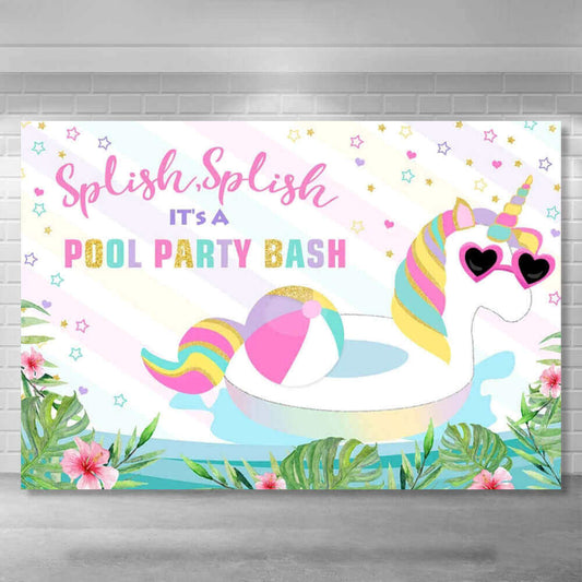 Pool Party pozadí pro fotografování narozeninové dekorace sluneční brýle jednorožec plavecký prsten léto