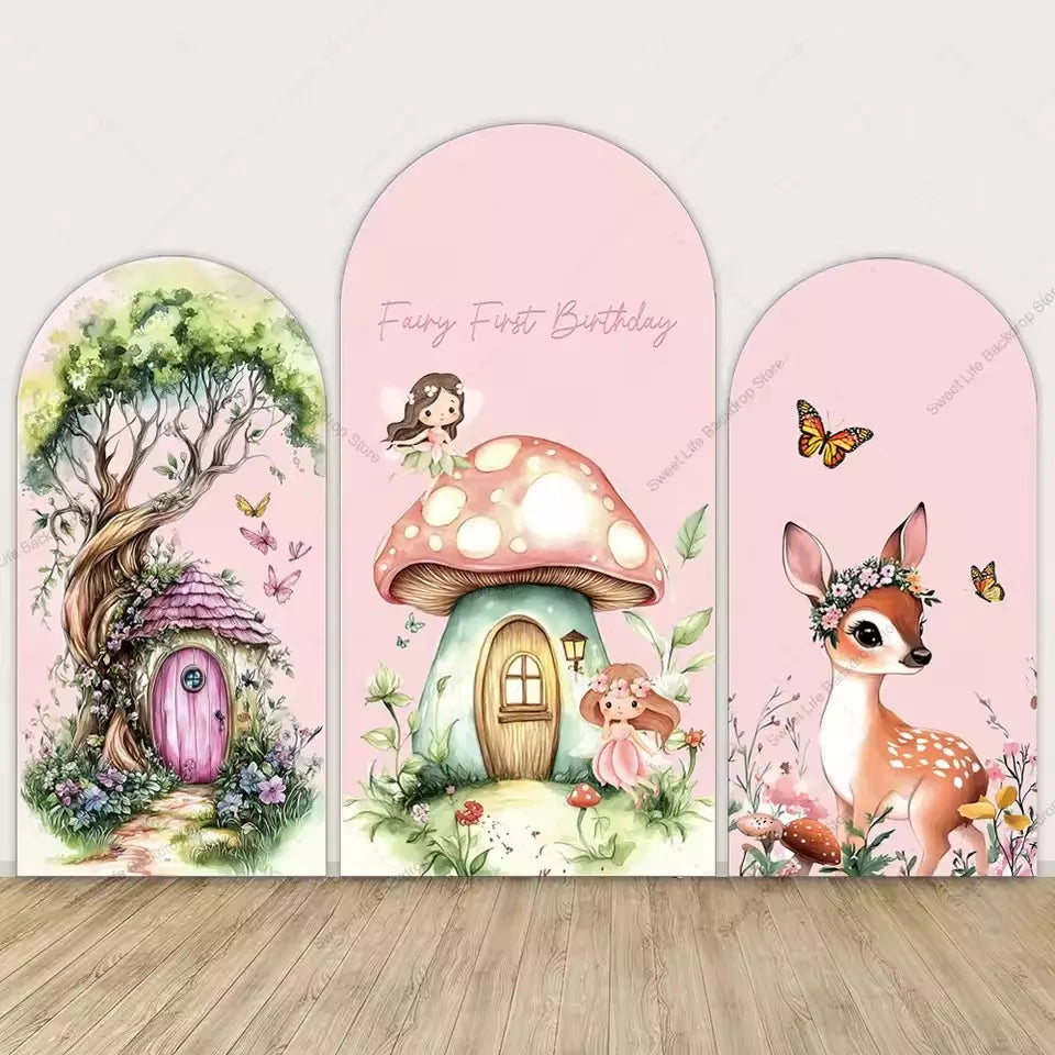 Water Colored Cute Mushroom Fairy Arch Cover Backdrop