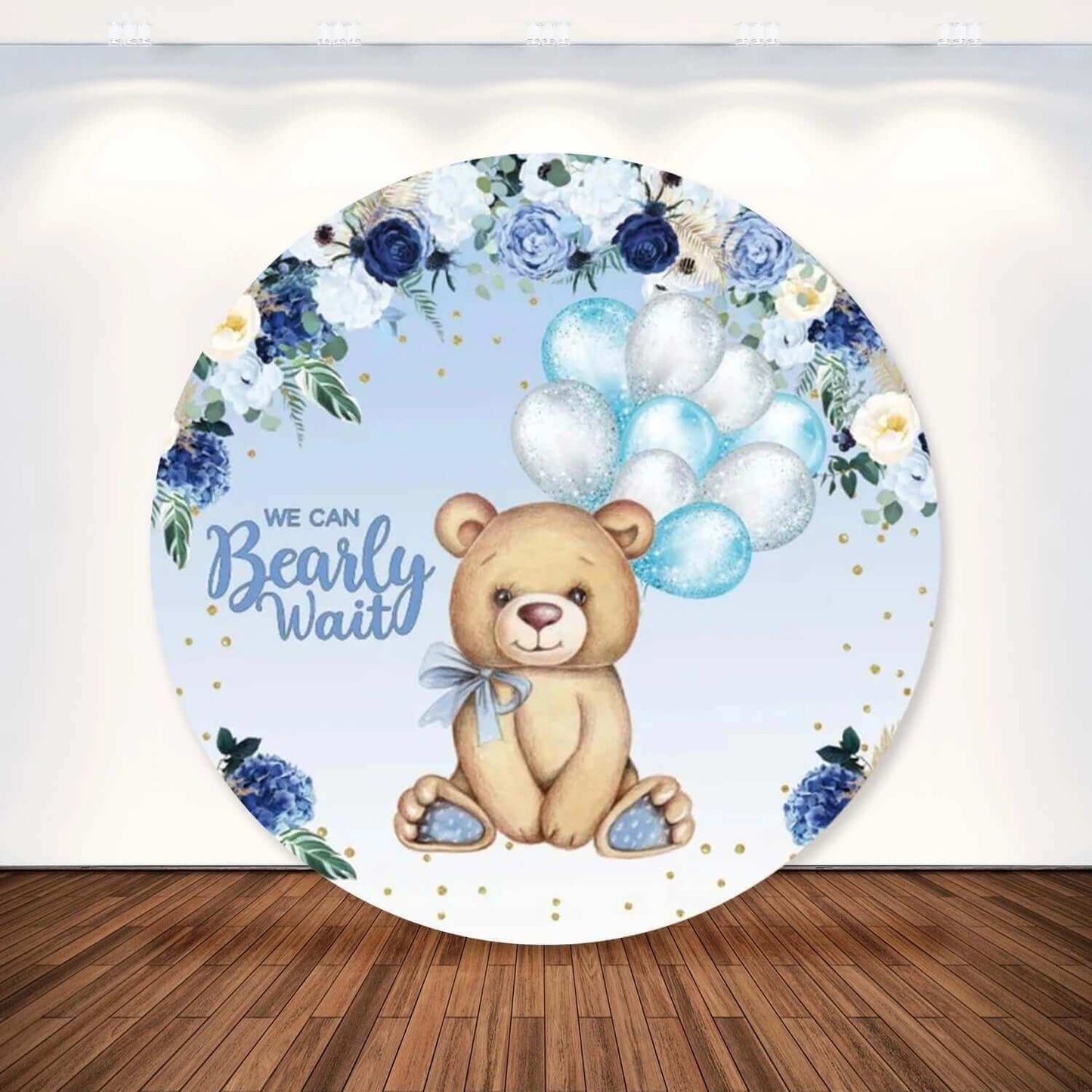 Můžeme Bearly čekat Blue Bear Boys 1st Birthday Party Kulaté pozadí